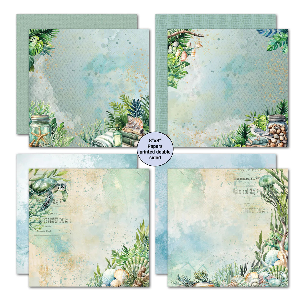 Beachside Life 8x8 papers featuring mason jar with shells, sea turtle design, coastal botanicals, and seagull on weathered timber backgrounds