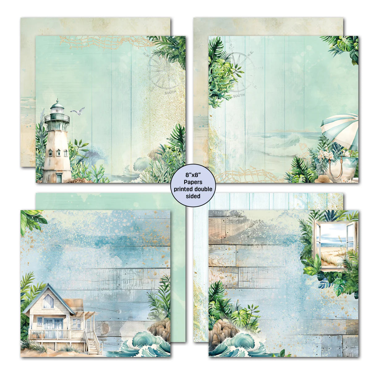 Beachside Life 8x8 papers with lighthouse and coastal greenery, beach house with waves, weathered wood, and ocean door scene designs