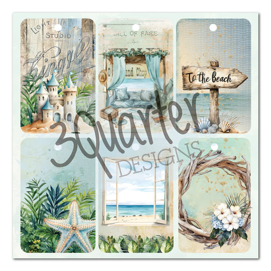 Beachside Life 8x8 tag sheet featuring sandcastle, beach sign, starfish, ocean window, and driftwood wreath designs for card making and embellishments