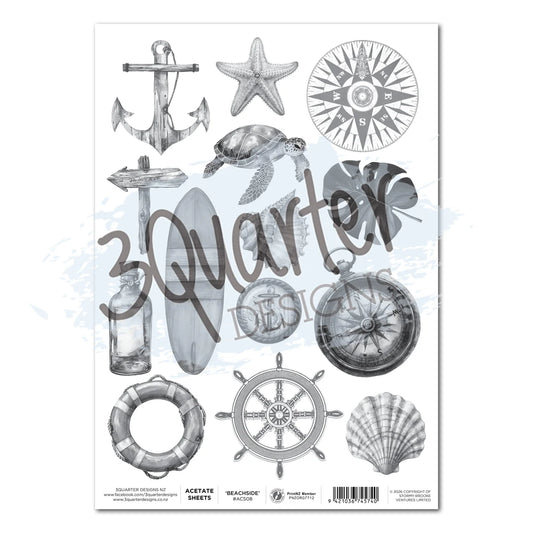 Beachside Life acetate sheet by 3Quarter Designs featuring nautical elements including anchor, compass, ship's wheel, sea turtle, starfish, seashell and life buoy in grey tones on clear A4 acetate