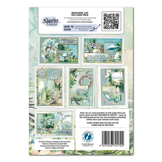 Back of Beachside Life card kit showing five coastal card examples with beach scenes, tropical foliage, lighthouses, and ocean themes