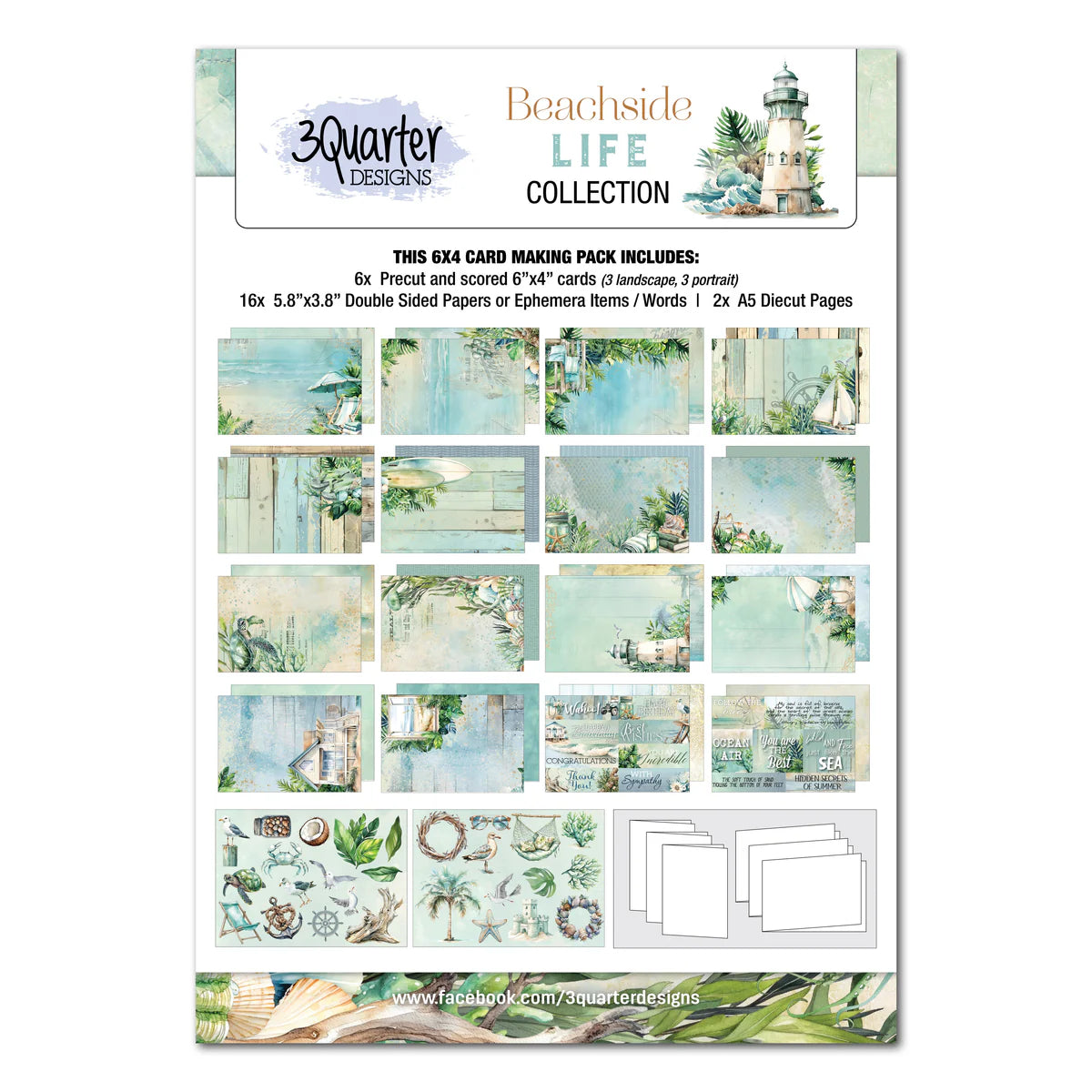 Beachside Life 6x4 Card Making Kit by 3Quarter Designs showing precut cards, double-sided papers, sentiment panels, and A5 die-cut embellishment sheets