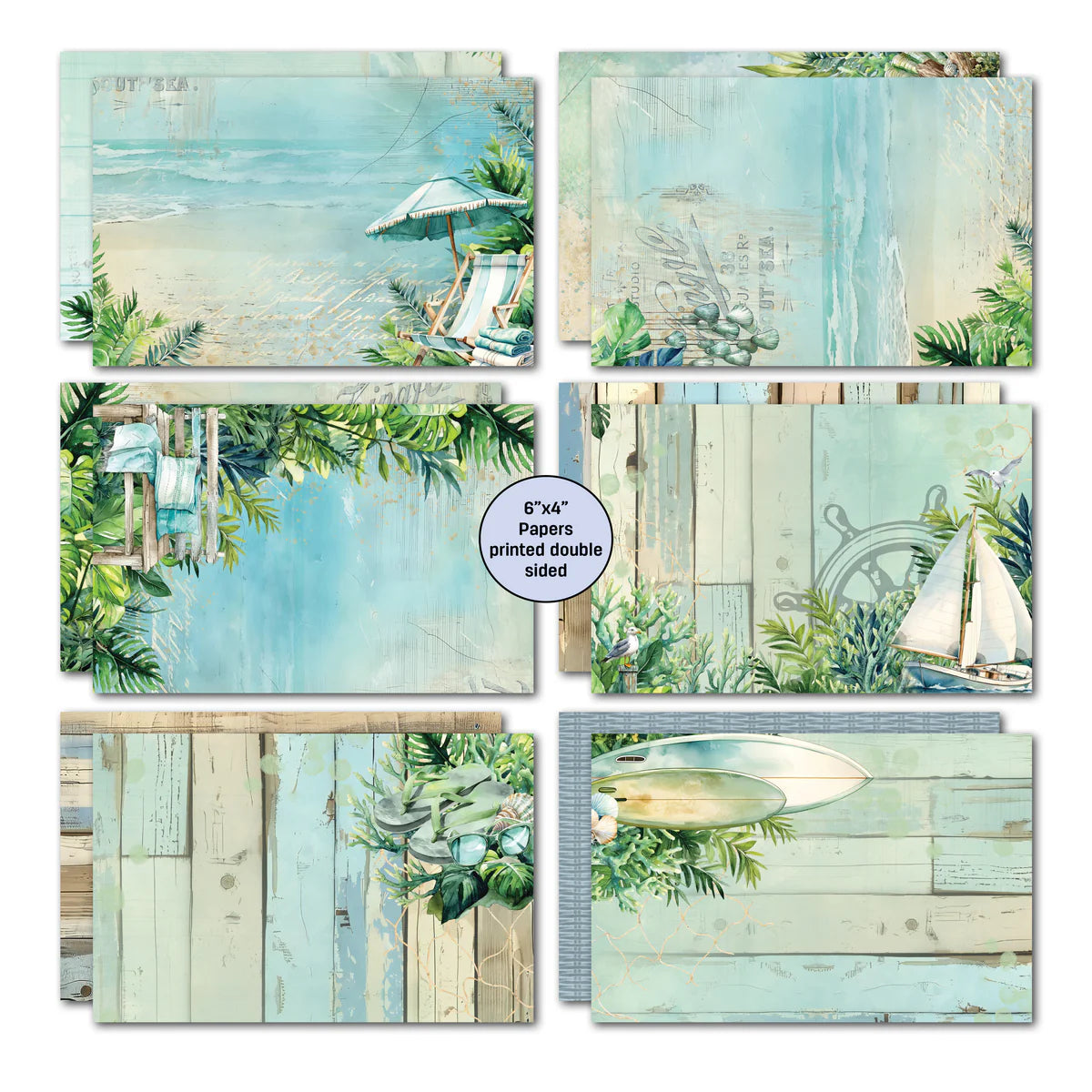 Beachside Life 6x4 double-sided card papers showing beach umbrella with deck chair, weathered wood with sailboat, tropical foliage, and aqua background