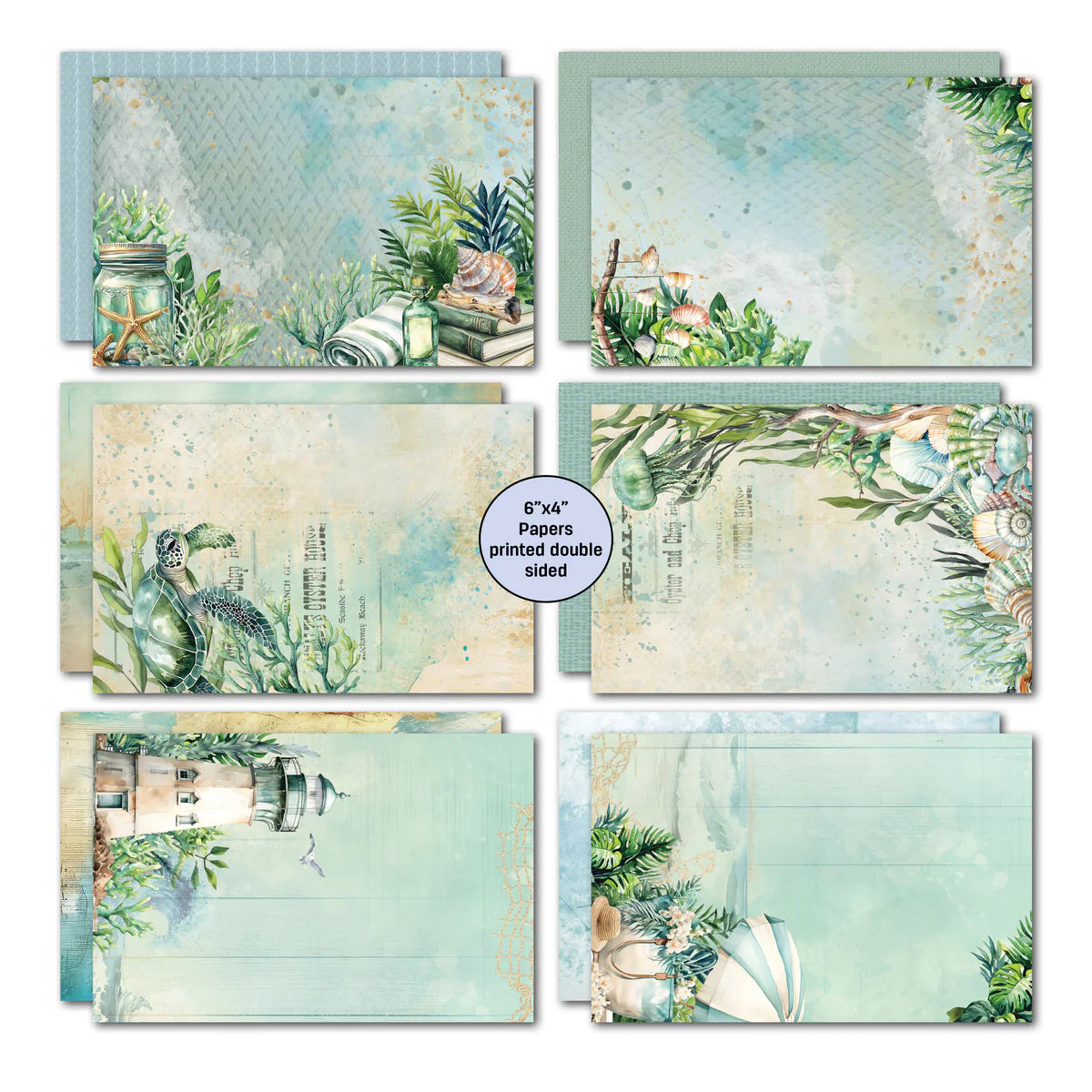 Beachside Life card papers featuring mason jar with shells, sea turtle design, coastal botanicals, lighthouse scene, and tropical leaves with shells