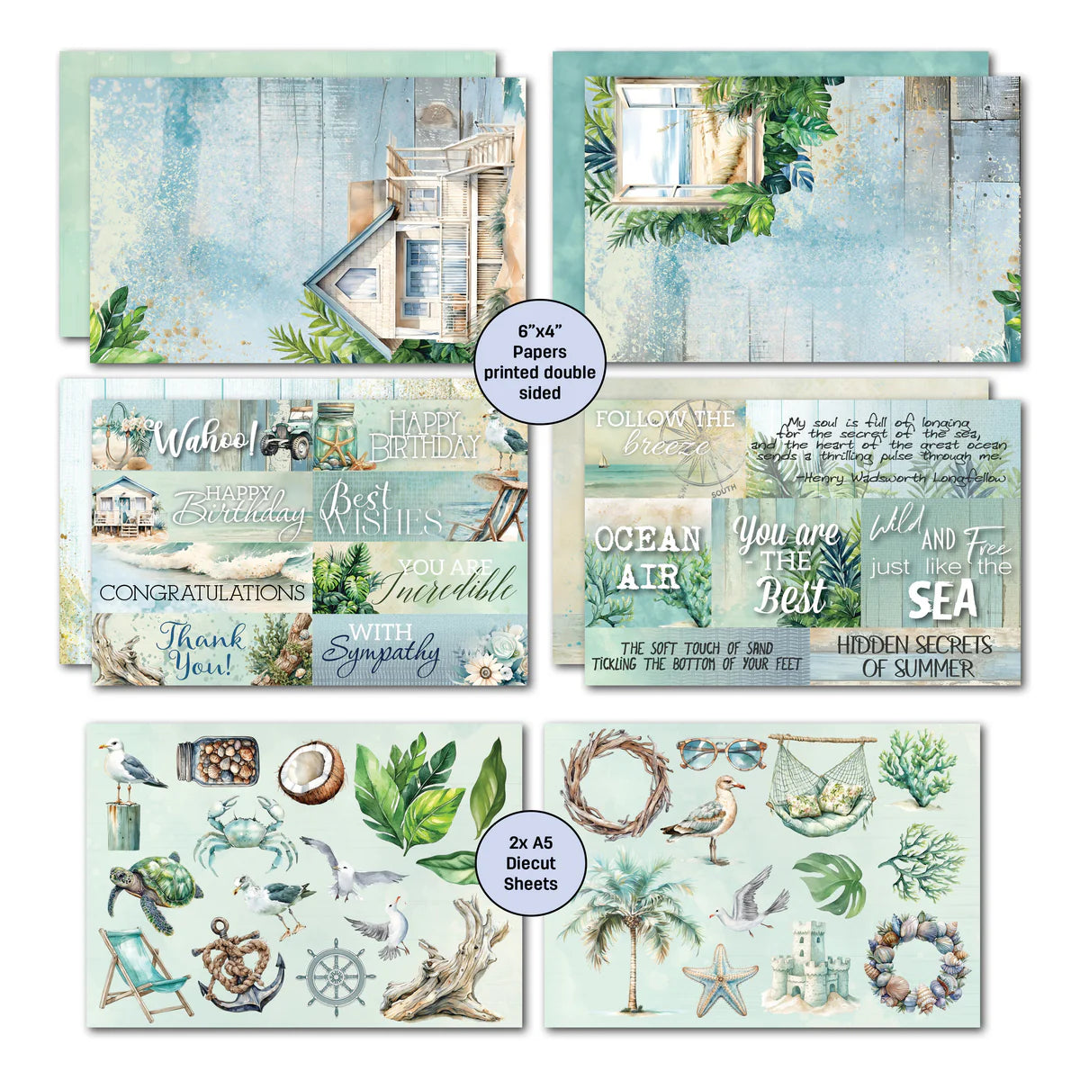 Beachside Life card kit showing beach house with waves, tropical window frame, sentiment panels with birthday wishes and ocean quotes, plus A5 die-cut sheets with seashells, crabs, turtles, tropical leaves, wreaths, and coastal embellishments