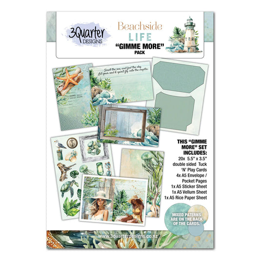 Beachside Life Gimme More pack by 3Quarter Designs showing 20 Tuck 'N' Play cards, A5 envelope pages, sticker sheet, vellum sheet, and rice paper with coastal lighthouse and beach scenes