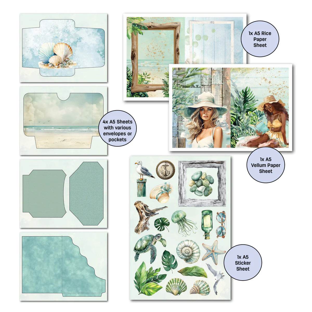 Beachside Life Gimme More pack contents showing A5 envelope pocket pages with shell and ocean designs, A5 rice paper with driftwood frame, A5 vellum sheet with beach ladies, and A5 sticker sheet with coastal embellishments