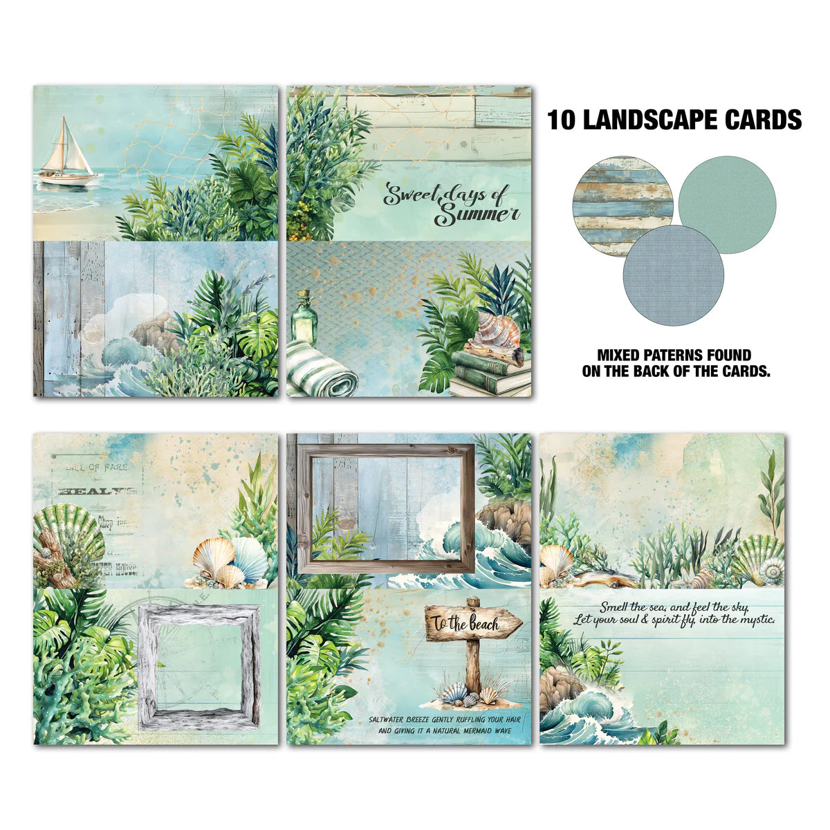 Beachside Life Gimme More landscape Tuck 'N' Play cards featuring sailboat with tropical foliage, Sweet Days of Summer quote, weathered frames with shells, To the Beach sign, and ocean quotes with coastal scenes