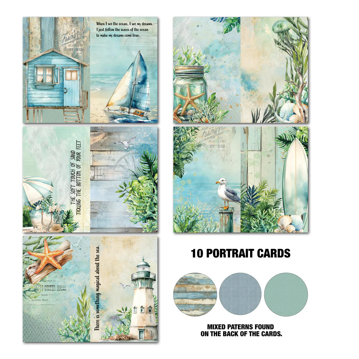 Beachside Life Gimme More portrait Tuck 'N' Play cards featuring aqua beach house with sailboat, mason jar with starfish, weathered window frame, seagull with surfboard, and coastal lighthouse with ocean quotes