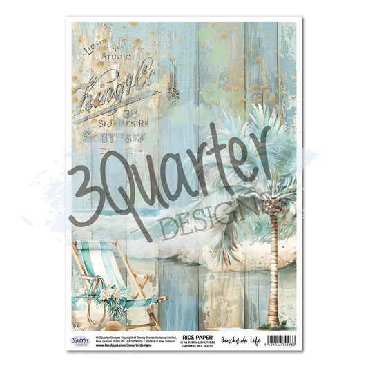 Beachside Life A4 rice paper by 3Quarter Designs featuring watercolour aqua striped deck chair with tropical flowers, palm tree, vintage Beachside typography on weathered timber, and coastal textures for decoupage and mixed media
