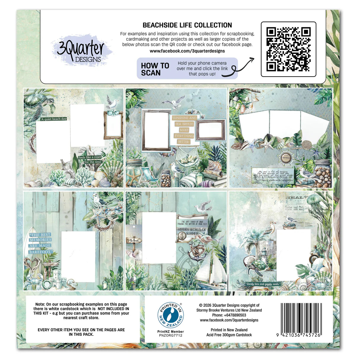 Back of Beachside Life scrapbook kit showing layout examples with coastal beach scenes, photo frames, and tropical embellishments