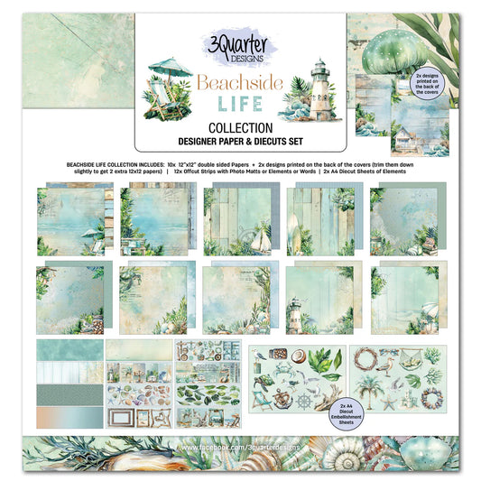 Beachside Life 12x12 Scrapbook Collection Kit by 3Quarter Designs showing coastal watercolour designs with lighthouse, beach umbrella, and tropical foliage