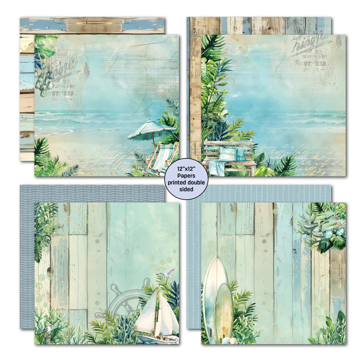 Beachside Life double-sided 12x12 papers featuring beach umbrella scene, weathered wood with sailboat, coastal greenery, and aqua backgrounds