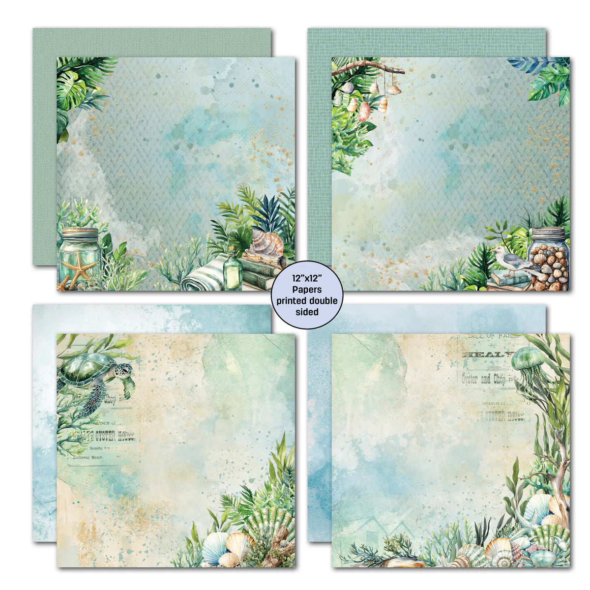 Beachside Life scrapbook papers showing mason jar with shells, sea turtle design, coastal botanicals, and seagull on weathered timber