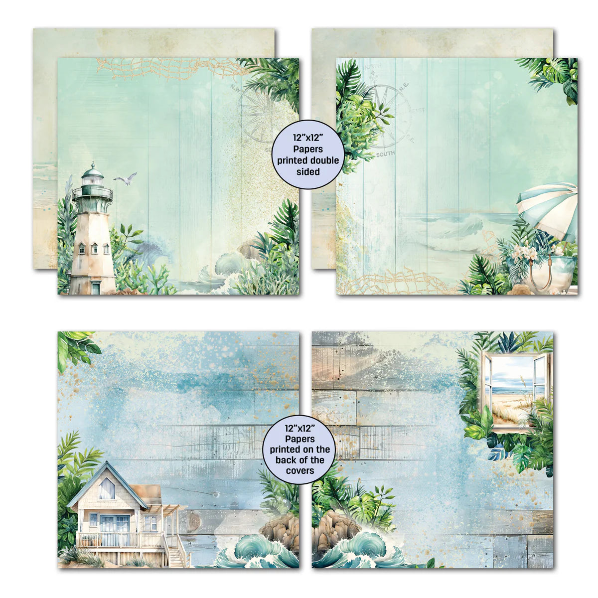 Beachside Life papers featuring lighthouse with coastal greenery, beach house with waves, weathered wood backgrounds, and ocean window scene