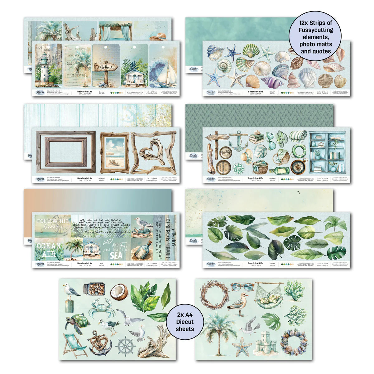Beachside Life embellishment strips and die-cut sheets with seashells, tropical leaves, crabs, turtles, wreaths, frames, and coastal quotes