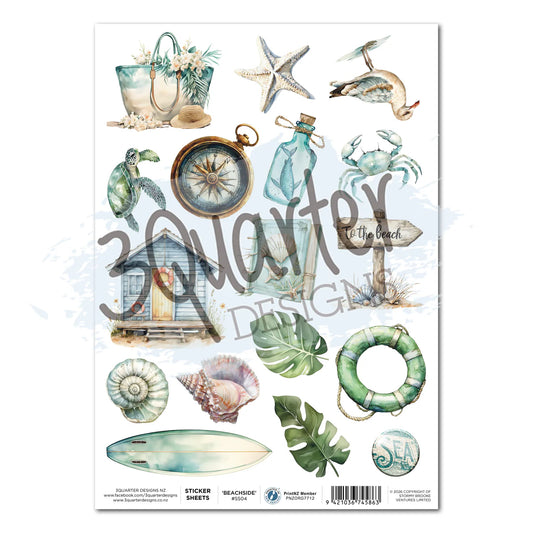 Beachside Life A4 sticker sheet by 3Quarter Designs featuring watercolour beach bag, sea turtle, crab, starfish, seashells, beach house, compass, message in a bottle, life preserver, surfboard, tropical monstera leaves, and coastal embellishments