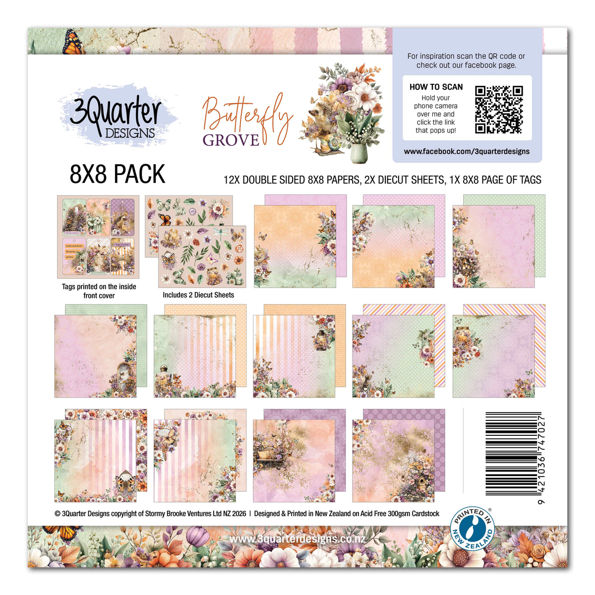 3Quarter Designs Butterfly Grove 8x8 Paper Pack cover showing the paper designs, die-cut sheets and tags