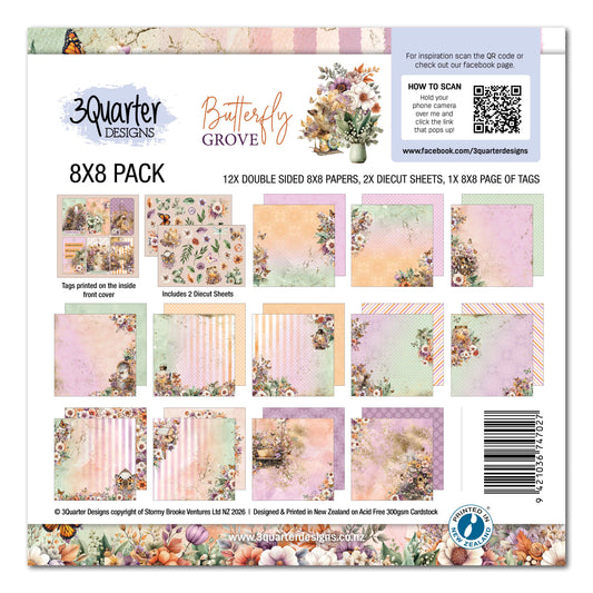 3Quarter Designs Butterfly Grove 8x8 Paper Pack cover showing the paper designs, die-cut sheets and tags