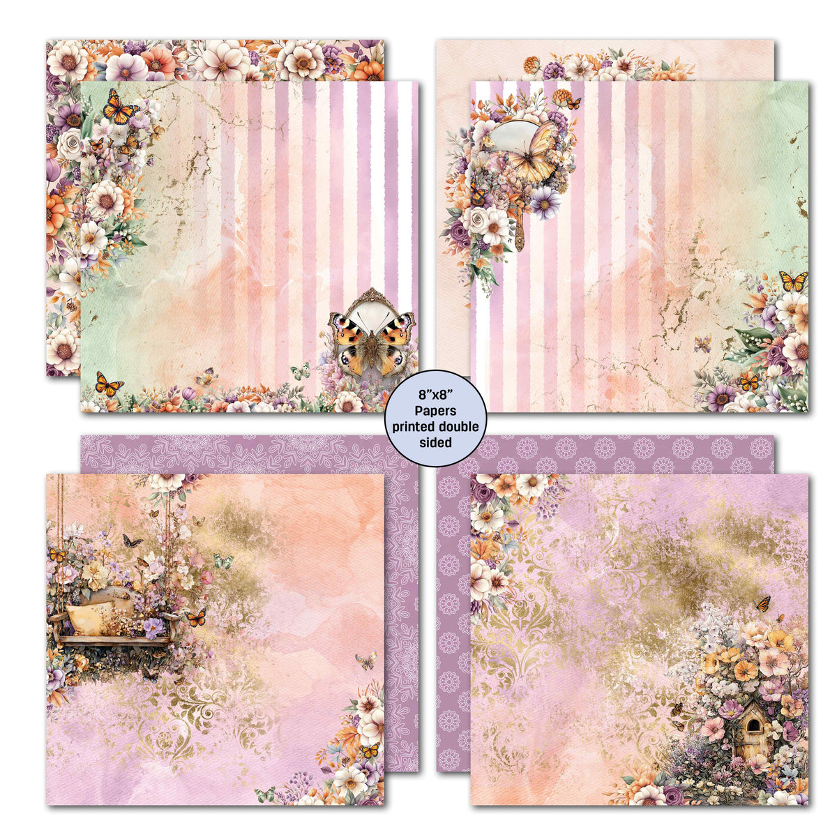Butterfly Grove double-sided 8x8 papers with pink stripes, butterfly frames, a garden bench and floral patterns. Four decorative paper sheets arranged in a 2x2 collage, each with a pastel floral and butterfly design, pink and lavender tones, and a central label reading "8"x8" Papers printed double sided.".