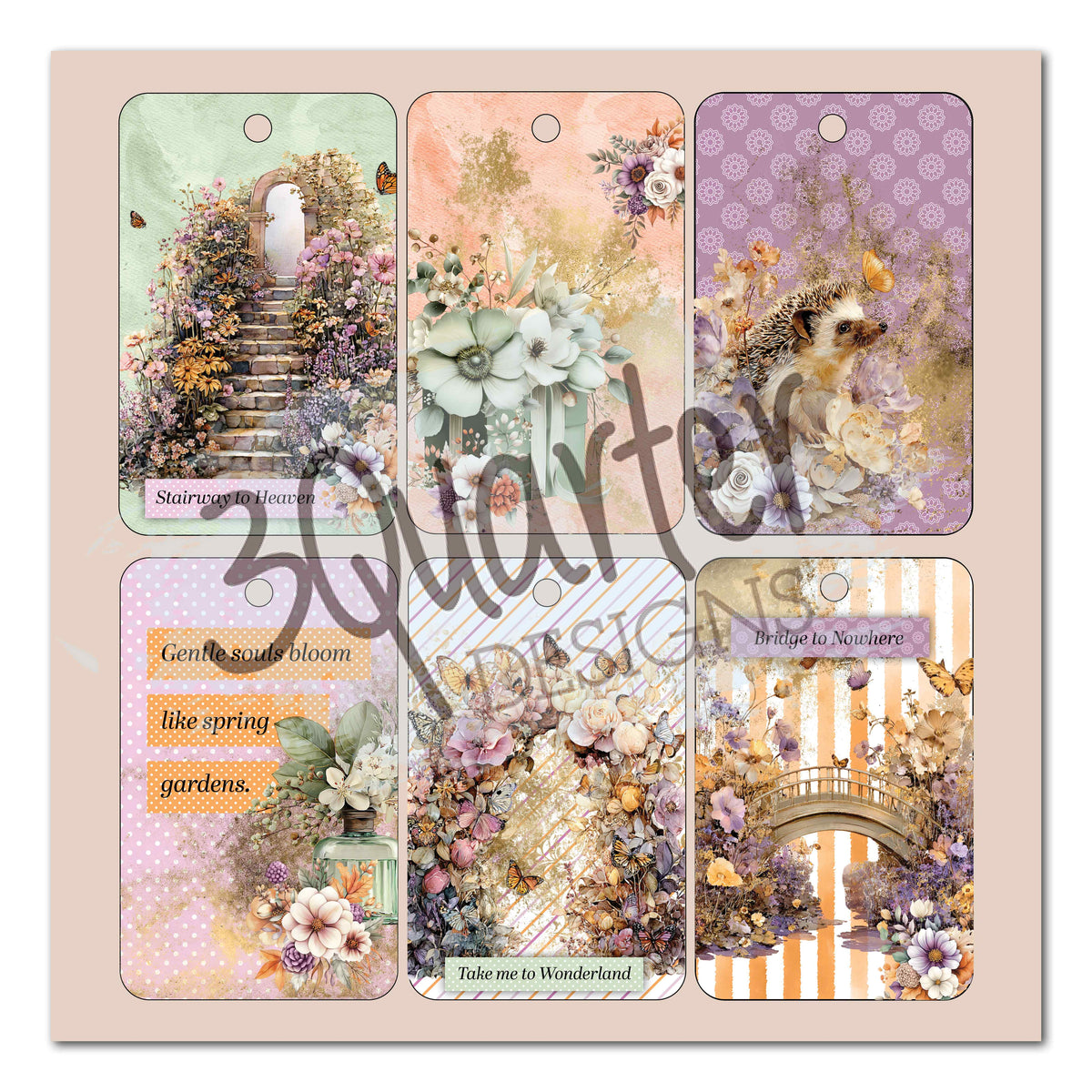 Butterfly Grove page of six illustrated tags printed inside the 8x8 Paper Pack front cover. A sheet of six decorative rectangular cards or tags with floral and architectural illustrations, arranged in a 2x3 grid on a pale pink background. The designs feature pastel tones, flowers, stairs, bridges, and decorative text, with a large cursive watermark across the center.