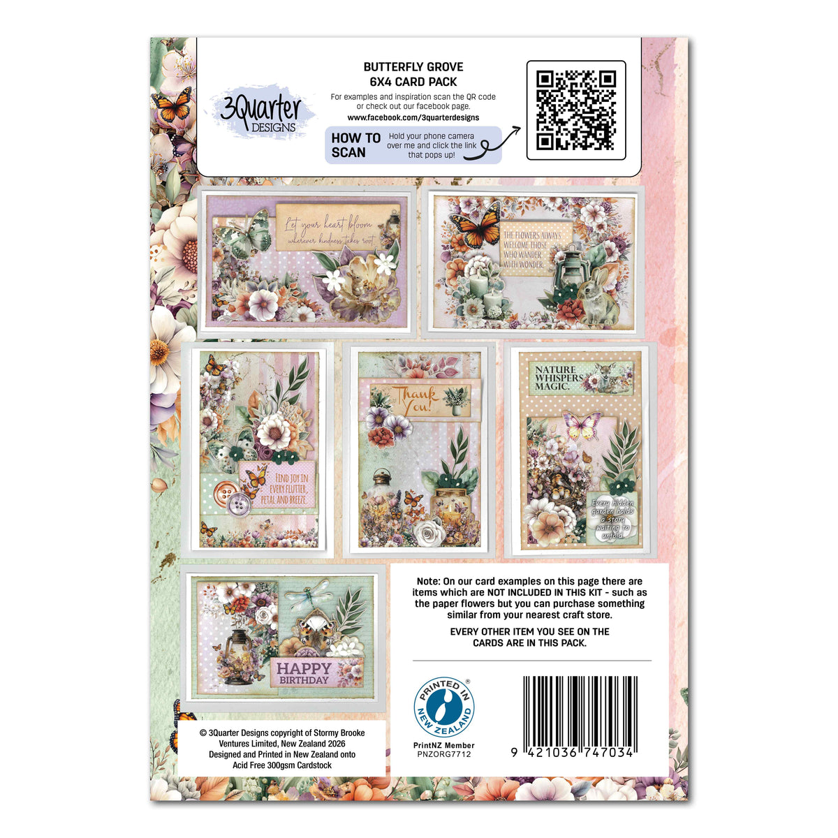Butterfly Grove card kit packaging back showing six finished card examples and a note that the extra paper flowers shown are not included