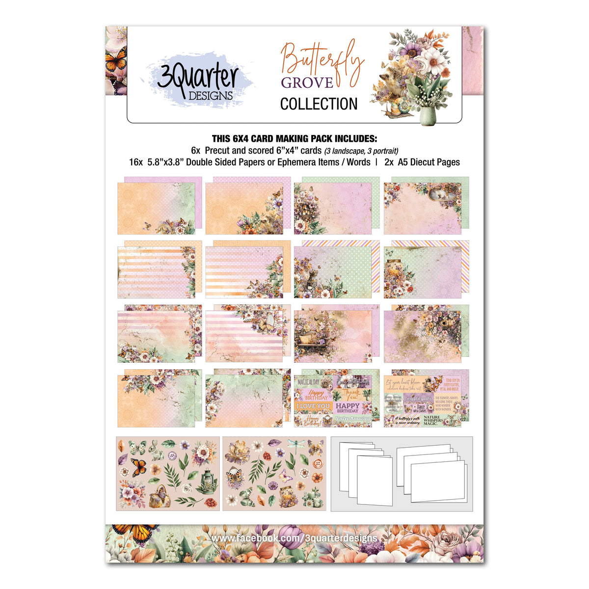 3Quarter Designs Butterfly Grove 6x4 Card Making Kit packaging showing floral paper designs, sentiment pieces, two die-cut sheets and card bases