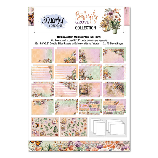 3Quarter Designs Butterfly Grove 6x4 Card Making Kit packaging showing floral paper designs, sentiment pieces, two die-cut sheets and card bases