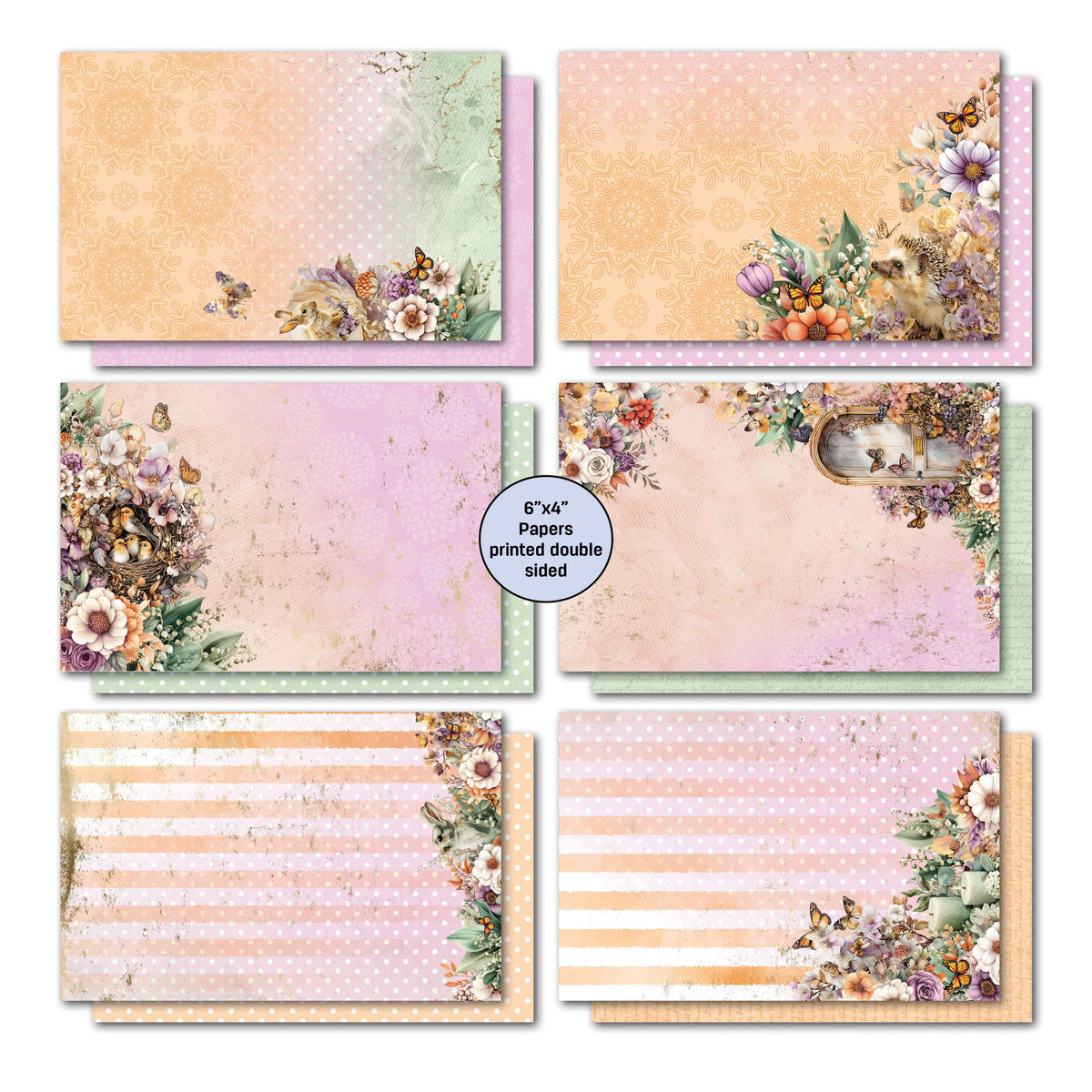 Preview of six double-sided card paper designs with pastel flowers, a bird’s nest, a garden window, polka dots and peach stripes as found in the Butterfly Grove card kit