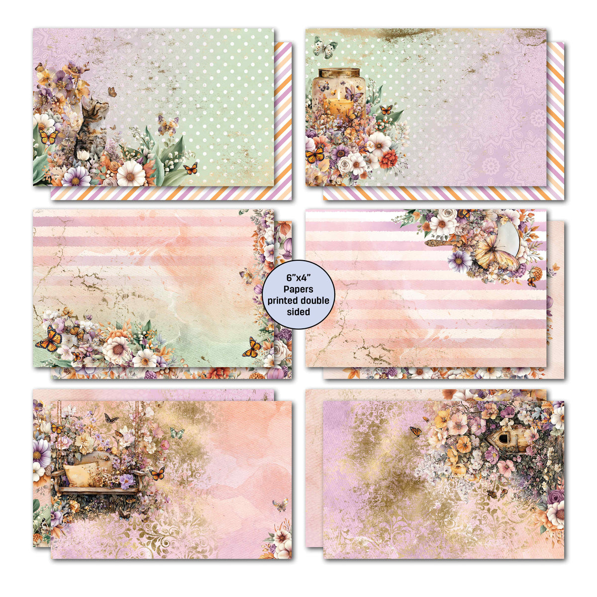 Preview of six double-sided card paper designs with a garden bench, floral borders, a lantern, pastel stripes and butterflies