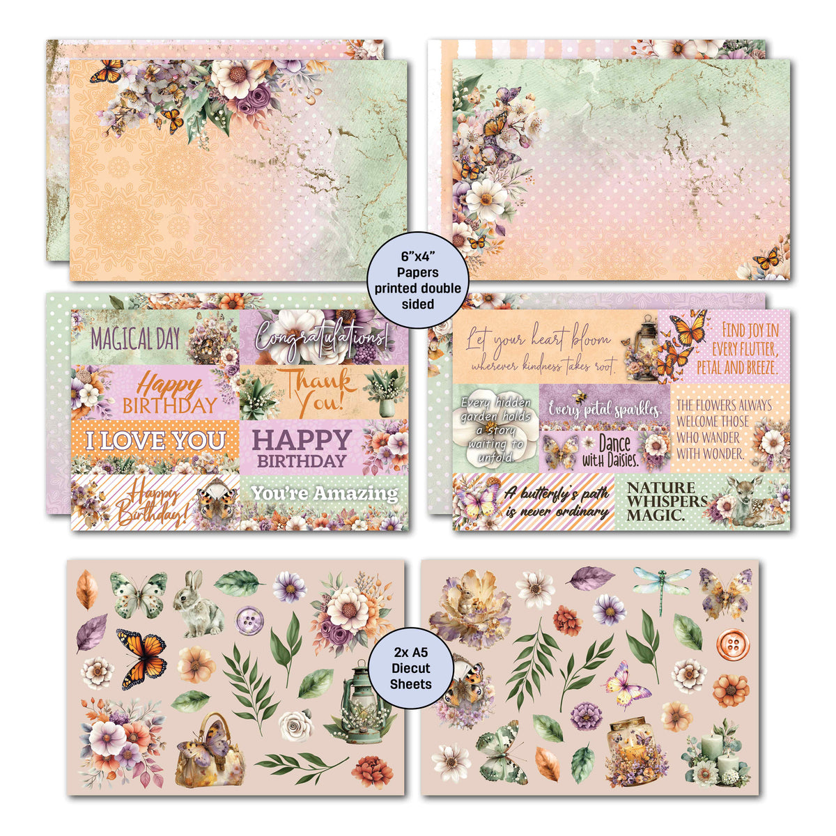 Butterfly Grove card kit papers with printed greetings and two A5 die-cut sheets of butterflies, flowers, leaves and woodland illustrations
