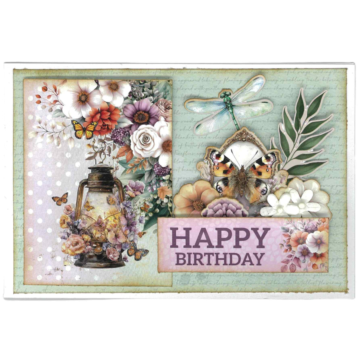 Landscape birthday card with a floral lantern on the left, a dragonfly and butterfly among layered flowers on the right, and a pink “HAPPY BIRTHDAY” banner made from the Butterfly Grove Card Kit