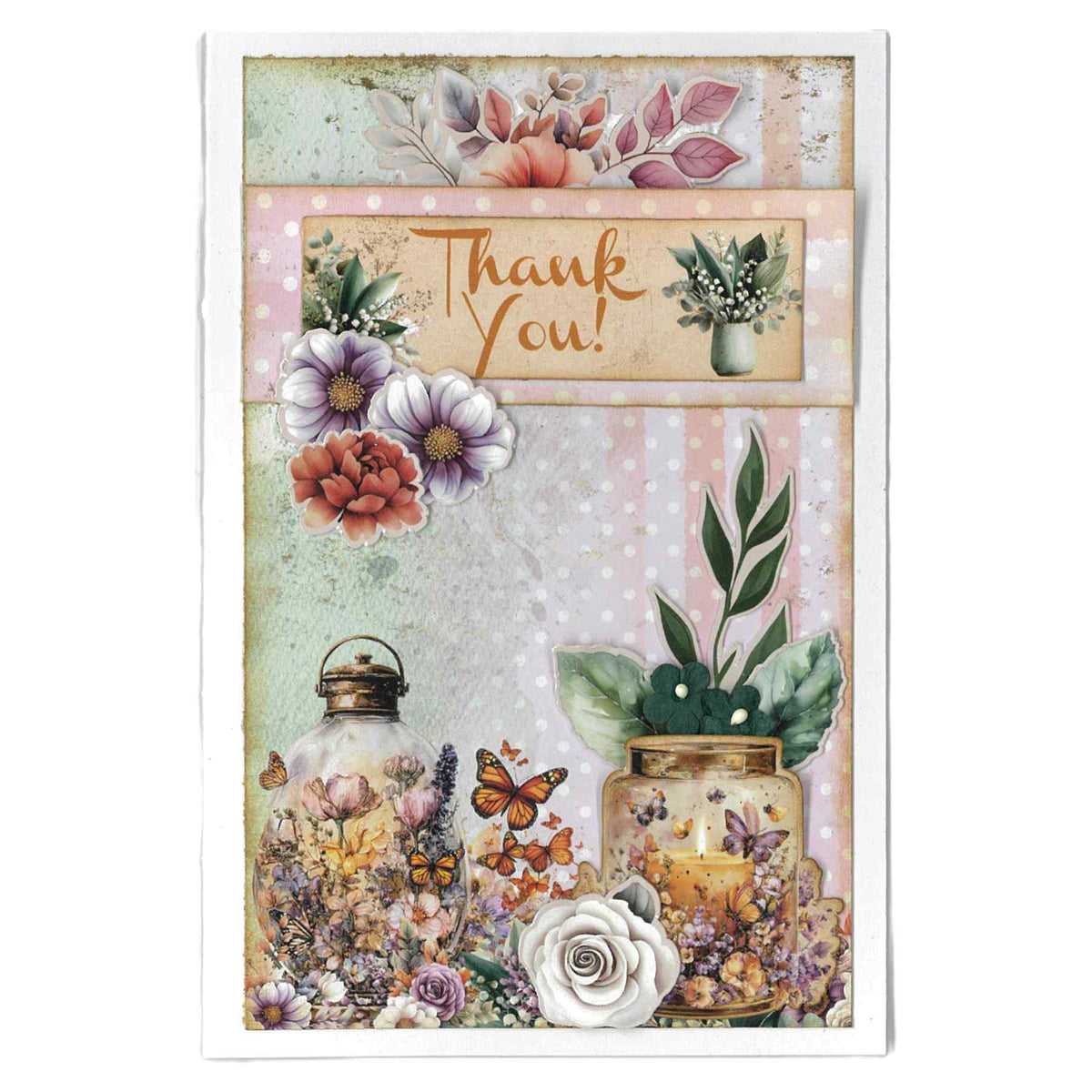Portrait thank-you card with “Thank You!” across the upper centre, flowers along the left, and illustrated glass jars and butterflies below