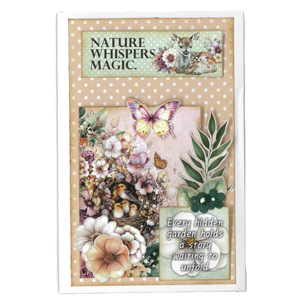 Portrait card with a bird’s nest among flowers on the left, a purple butterfly above, and panels reading “Nature whispers magic” and “Every hidden garden holds a story waiting to unfold”