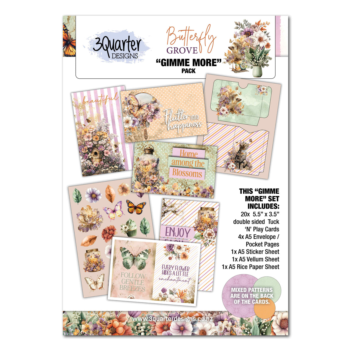 3Quarter Designs Butterfly Grove Gimme More pack cover showing floral Tuck 'N' Play cards, pocket pages and stickers