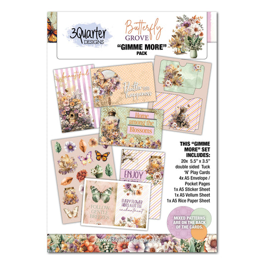 3Quarter Designs Butterfly Grove Gimme More pack cover showing floral Tuck 'N' Play cards, pocket pages and stickers