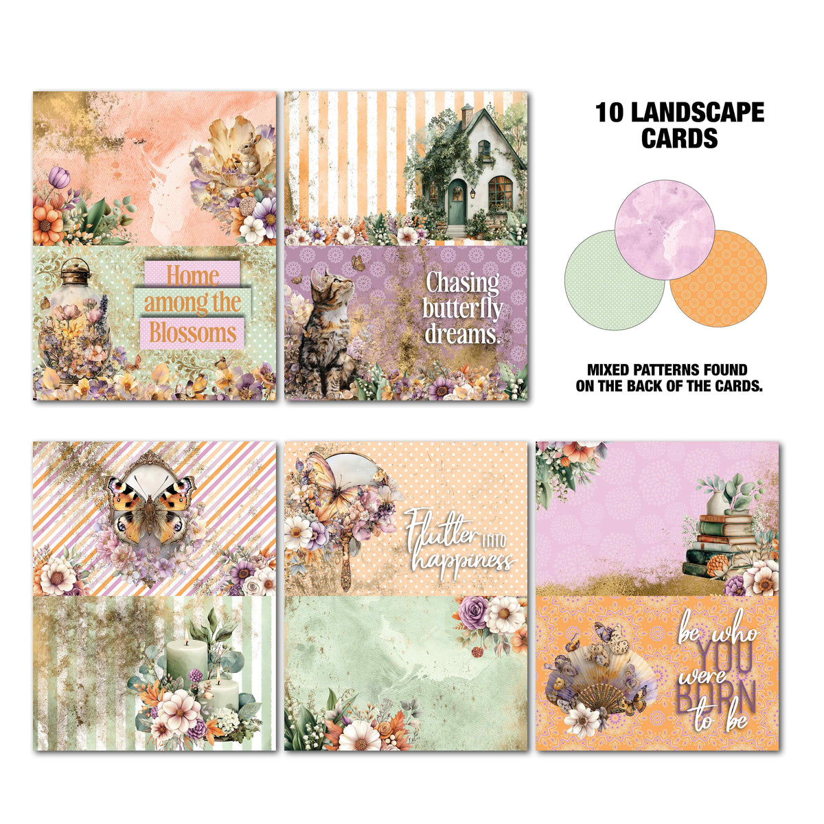 Butterfly Grove Gimme More landscape cards with butterflies, a cottage, ginger cat and floral designs. Six decorative landscape cards arranged in a grid on a white background, and a small color swatch circle showing pastel pink, green, and orange tones. The cards feature vintage-style floral, house, owl, butterfly, and stack-of-books illustrations in soft pastel colors.