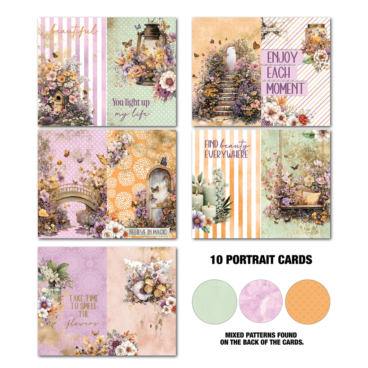 Butterfly Grove Gimme More portrait cards with a garden doorway, bridge, flowers and printed sentiments. Six floral portrait cards arranged in a grid with a text panel reading '10 PORTRAIT CARDS' and three circular swatches showing mixed pastel patterns on reverse. The cards feature vintage-style florals, stripes, bridges, stairs, butterflies, and inspirational phrases in soft pastel tones.