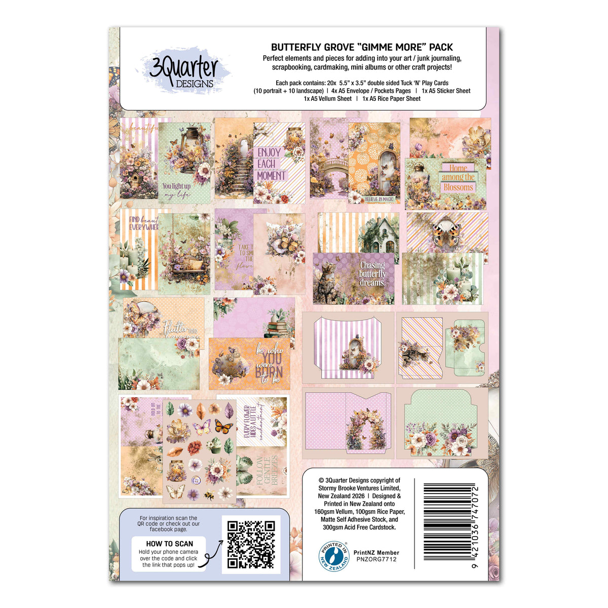 The back of a 3 Quarter Designs 'Butterfly Grove 'Grime More' Pack scrapbooking paper sheet, showing a preview grid of various floral and vintage-themed paper designs in pastel colors.