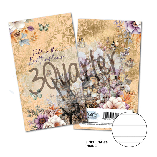 3Quarter Designs Butterfly Grove Mini Notebook showing “Follow the Butterflies” front cover with a grey cat and flowers, illustrated back cover and lined pages⠋