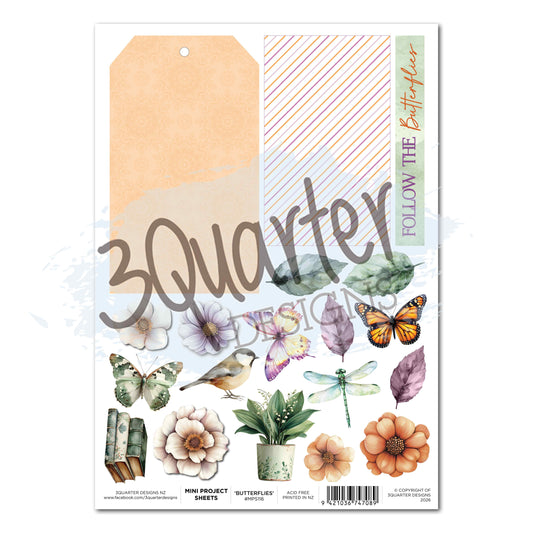 3Quarter Designs Butterfly Grove Mini Project Sheet with a peach tag, striped panel, “Follow the Butterflies” strip, butterflies, flowers, bird and dragonfly