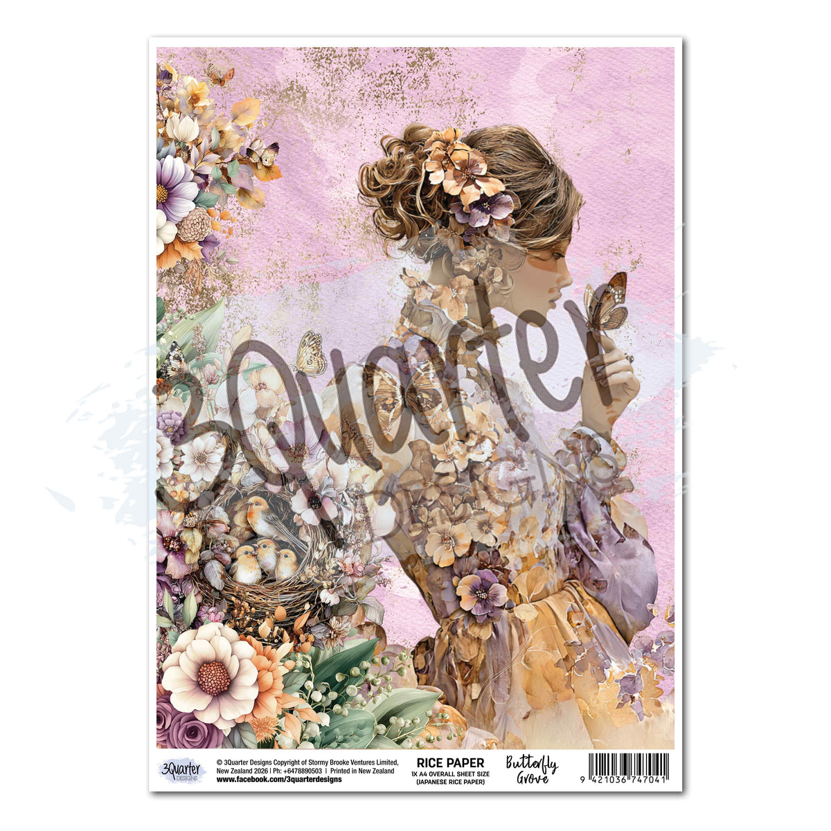 3Quarter Designs Butterfly Grove A4 rice paper showing a woman holding a butterfly, surrounded by flowers and a nest of small birds on a pink background
