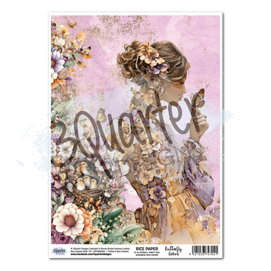 3Quarter Designs Butterfly Grove A4 rice paper showing a woman holding a butterfly, surrounded by flowers and a nest of small birds on a pink background