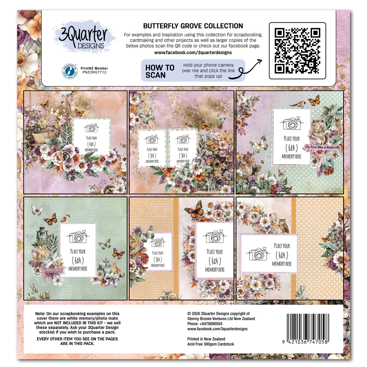 Butterfly Grove kit packaging back showing six sample scrapbook layouts and a note that the white photo mats shown are not included