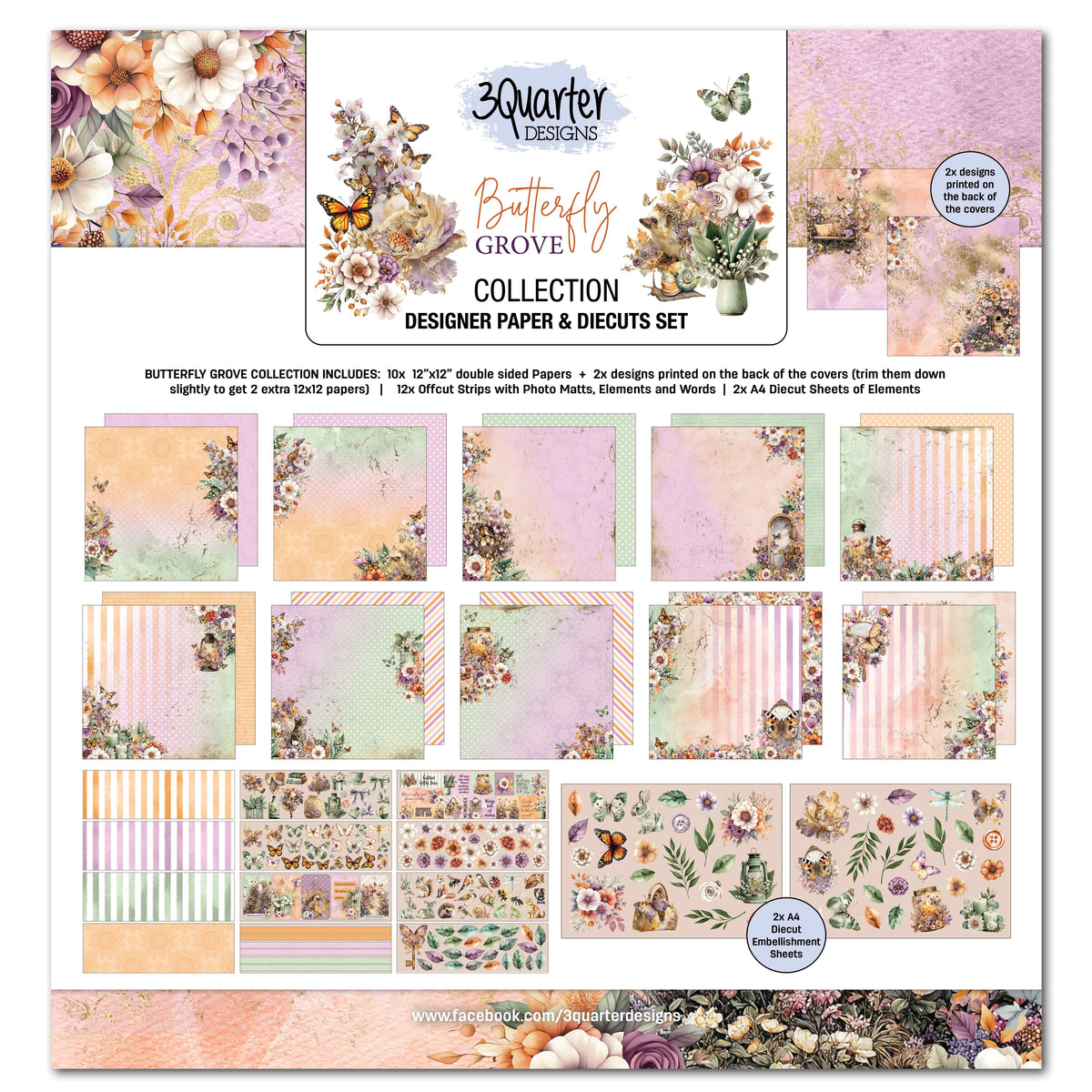3Quarter Designs Butterfly Grove 12x12 Scrapbook Collection Kit cover showing previews of the floral papers, cut-apart strips and die-cut sheets