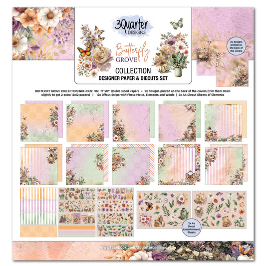 3Quarter Designs Butterfly Grove 12x12 Scrapbook Collection Kit cover showing previews of the floral papers, cut-apart strips and die-cut sheets