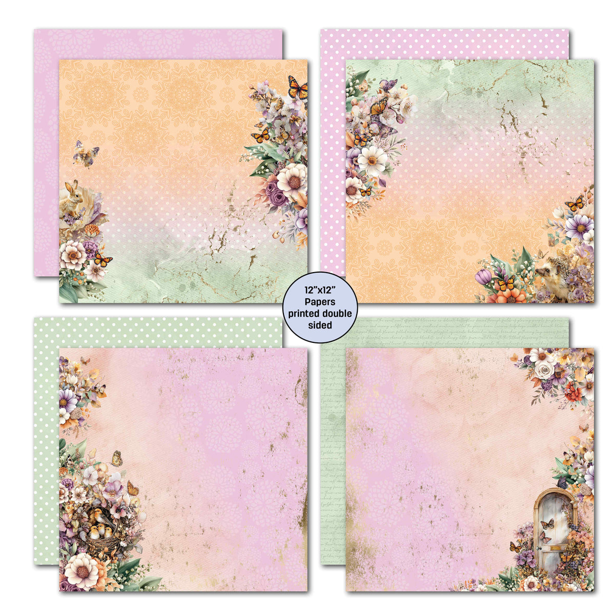 Preview of four double-sided 12x12 papers from the Butterfly Grove collection in peach, pink and mint, with floral corners, a bird’s nest and a garden door