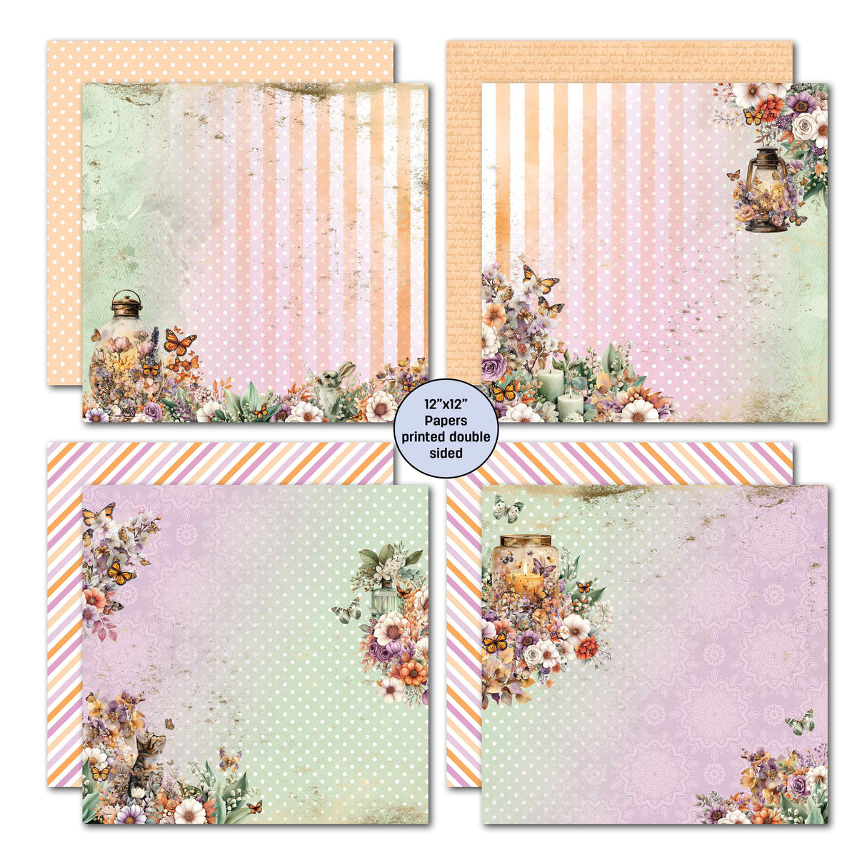 Preview of four double-sided 12x12 papers with pastel stripes, polka dots, lanterns, butterflies and floral borders