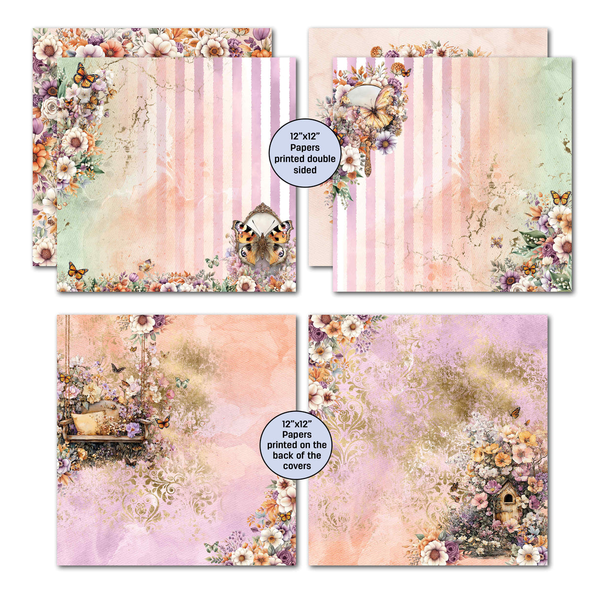 Preview of striped and butterfly-themed 12x12 papers, plus two floral designs printed on the backs of the kit covers