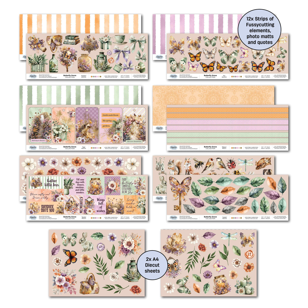 Butterfly Grove cut-apart strips with butterflies, tags, words and photo mats, alongside two A4 die-cut sheets of flowers, leaves and woodland illustrations